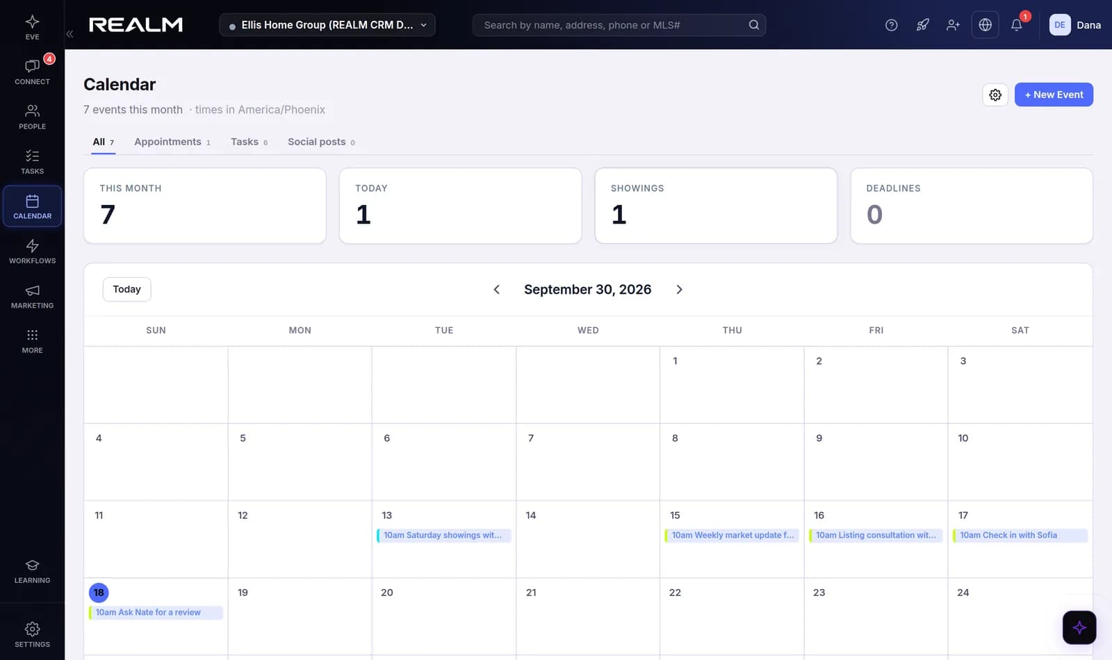 The Raven CRM calendar: appointments, tasks and scheduled social posts on one month view