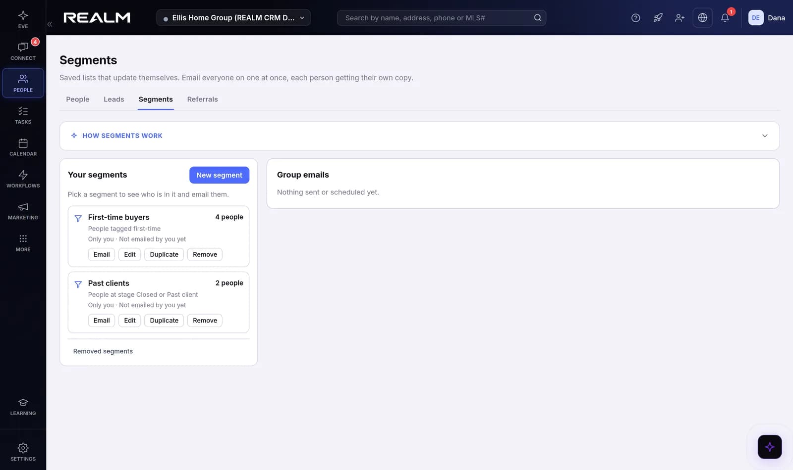 Segments in Raven CRM: saved lists that update themselves, built by rules or by hand, and one email to everyone in a segment