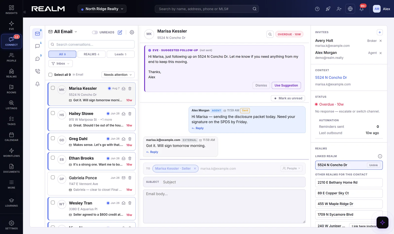 A Connect thread inside Raven with EVE's suggested follow-up ready to send, one click to use it