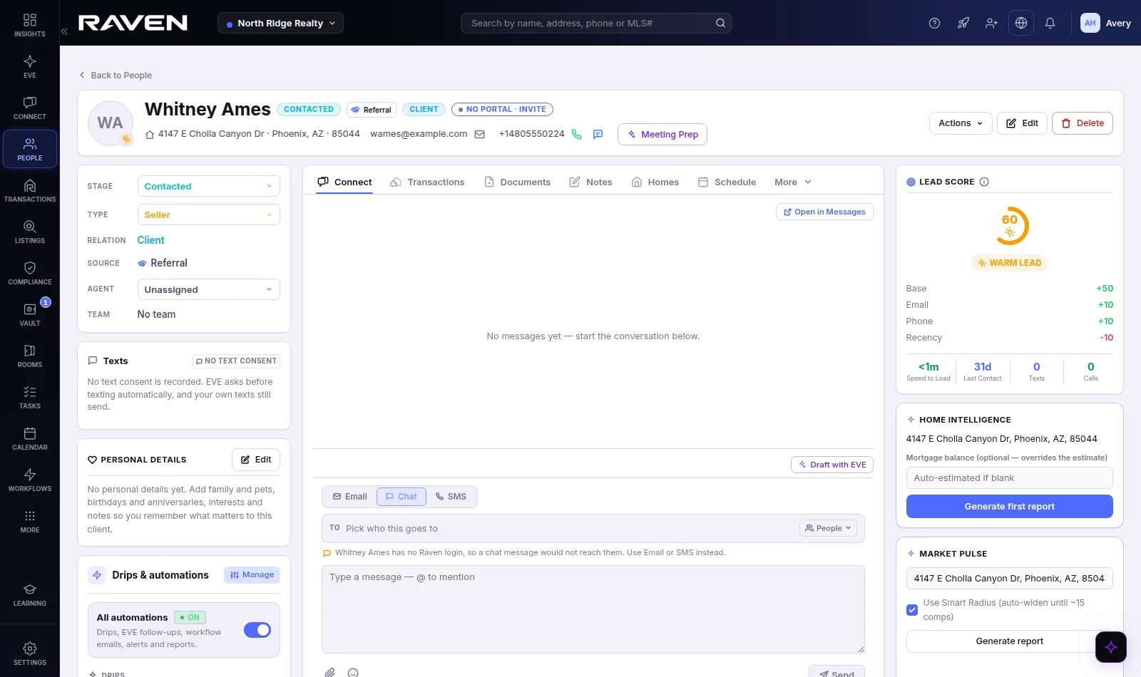 A contact in Raven: personal details, drips and automations, the Connect composer with Draft with EVE, and lead score in one view