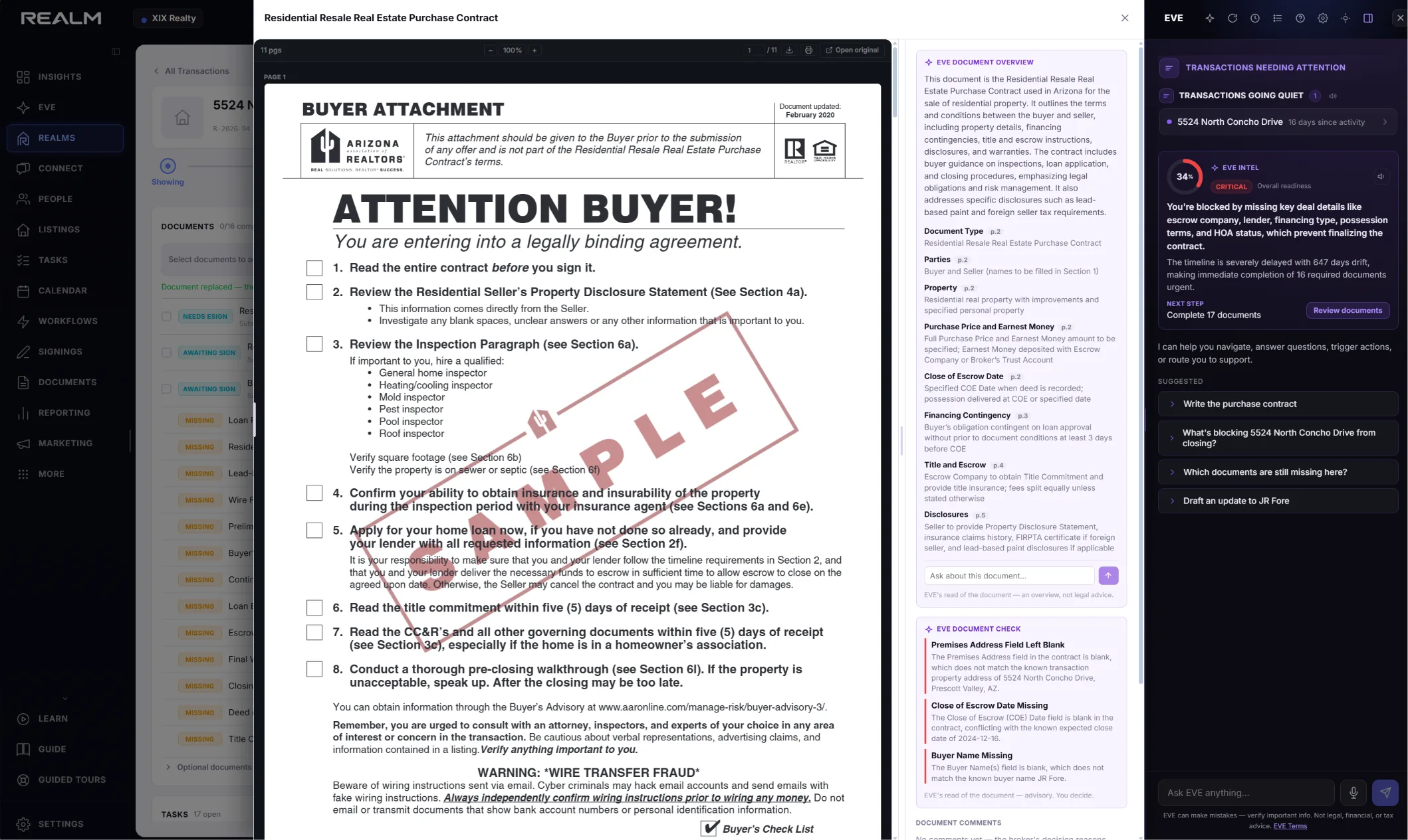 EVE's document overview and check open beside a purchase contract: parties, dates, obligations, and mismatches flagged