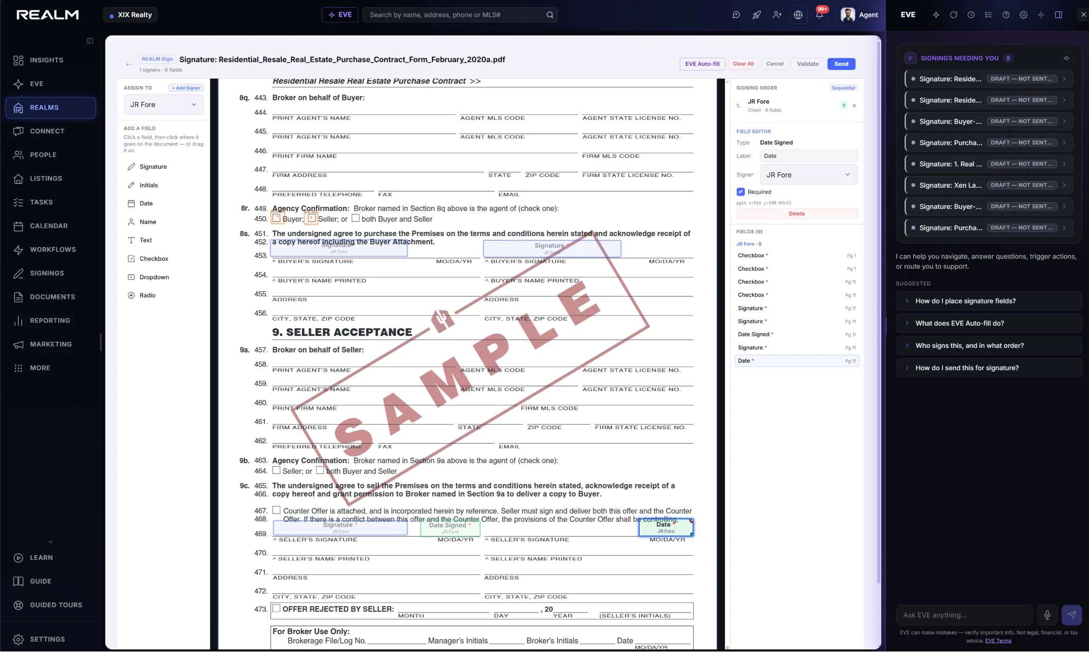 Raven Ink field editor: signature and date fields auto-placed on a real form
