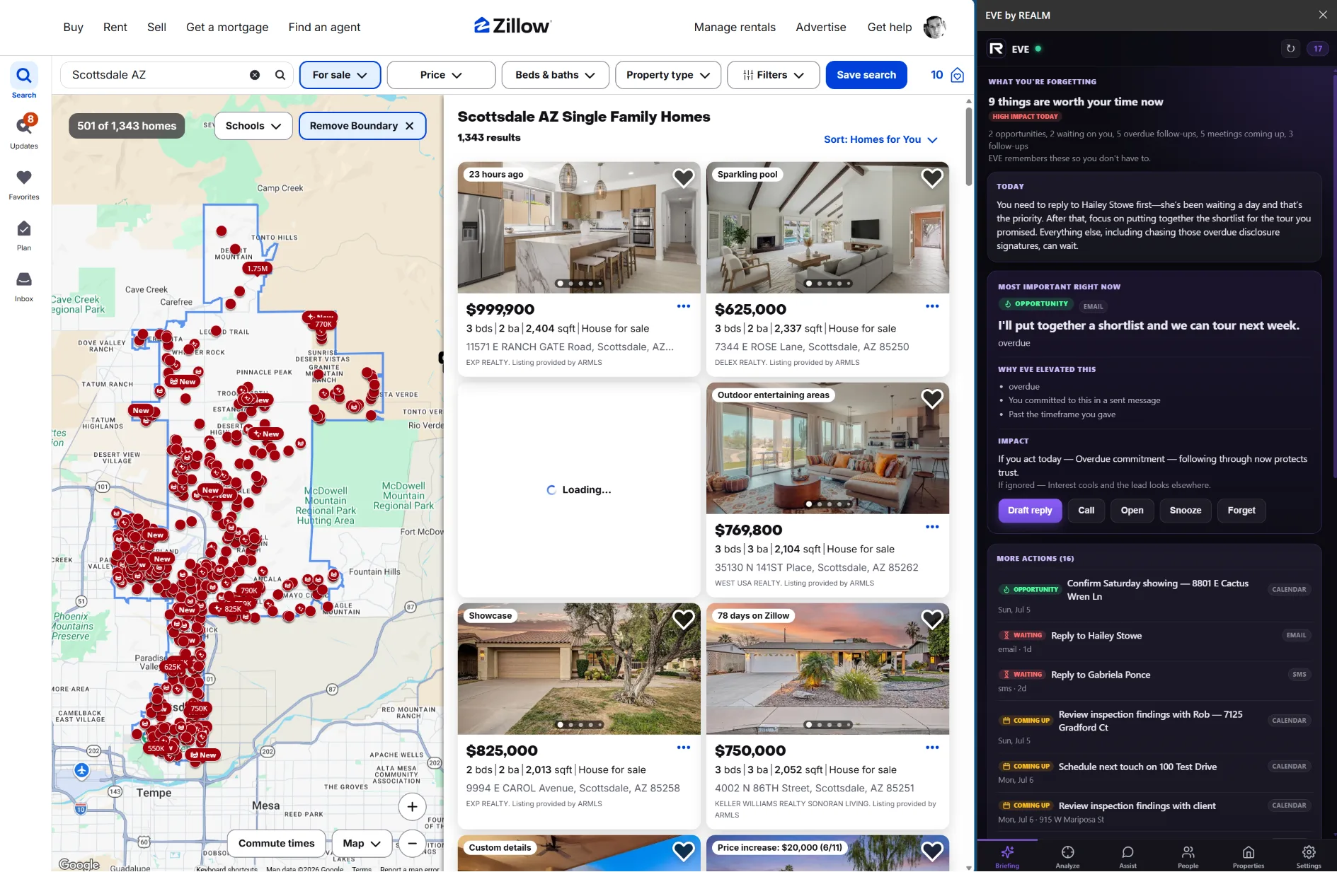 The EVE browser extension open beside a live Zillow search, matching the listing against the agent's own buyers