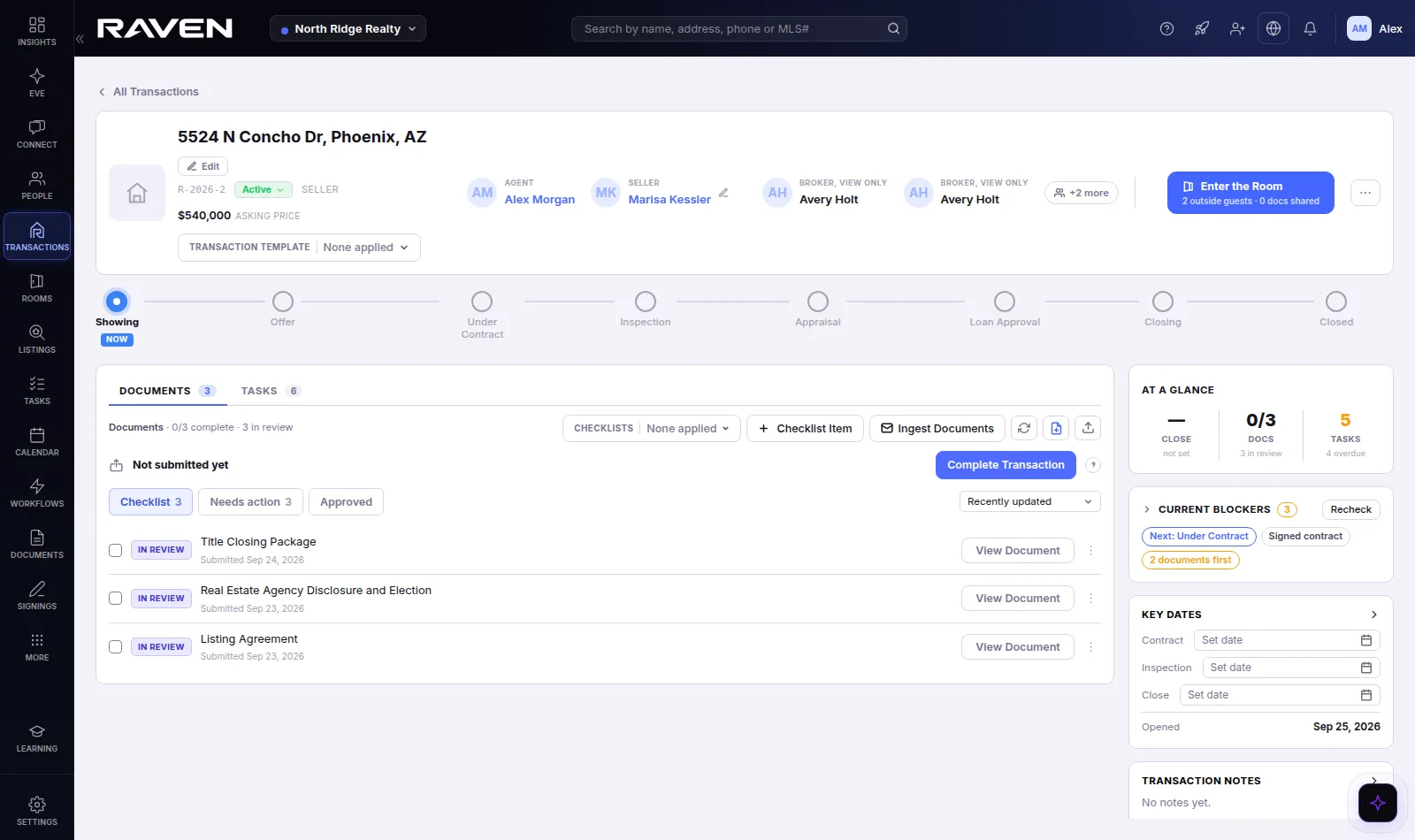 A transaction under contract: lifecycle rail, documents in review, tasks, and key dates in one view
